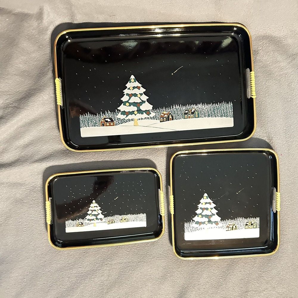 Vintage Black Lacquerware Nesting Trays 3 Piece Holiday Christmas Tree Set Japan
